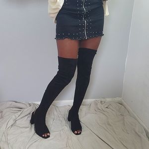 Thigh High Suede Boots with Peep toe & Cutout Heel